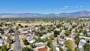 Aerial perspective of suburban area featuring mountains