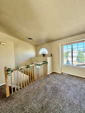 Carpeted empty room with a textured ceiling and baseboards
