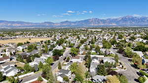 Aerial view of residential area with a mountain backdrop