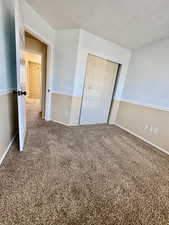Unfurnished bedroom with carpet floors and a closet