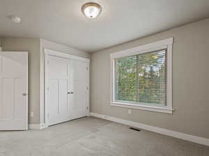 Unfurnished bedroom with carpet flooring, a textured ceiling, and a closet