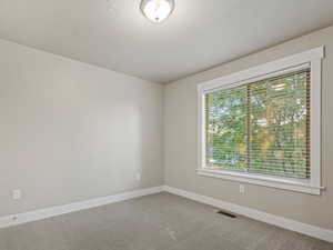 Spare room with light carpet and a textured ceiling