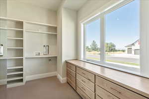 Walk in closet featuring light carpet