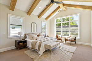 Bedroom with light colored carpet, recessed lighting, and ceiling fan