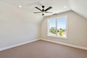 Bonus room featuring carpet flooring, vaulted ceiling, recessed lighting, and a ceiling fan