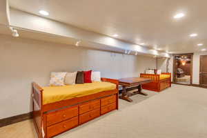 Family room/Bedroom with recessed lighting, light carpet, and track lighting