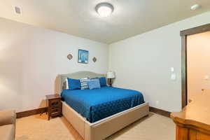 Bedroom with a textured ceiling and light colored carpet