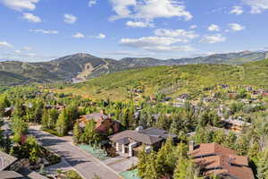 Aerial view of residential area with a mountainous background