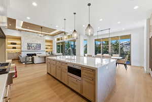 Kitchen featuring light wood-style flooring, light stone counters, pendant lighting, appliances with stainless steel finishes, and healthy amount of natural light
