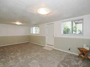 Above grade family room or bedroom featuring a wainscoted wall, carpet, and a textured ceiling