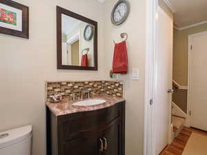 Half bathroom featuring decorative backsplash, vanity, ornamental molding, and wood finished floors