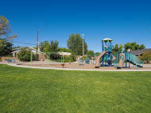 Community jungle gym with a lawn