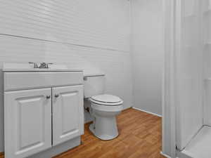 Full bathroom featuring vanity, light wood-style floors, and a stall shower