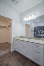 Full bathroom featuring vanity, dark wood-style flooring, and a walk in closet
