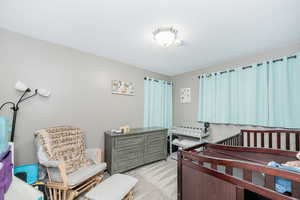 Carpeted bedroom featuring a nursery area