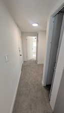 Corridor with light carpet and baseboards