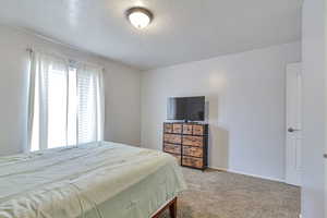 Carpeted bedroom featuring a textured ceiling and baseboards