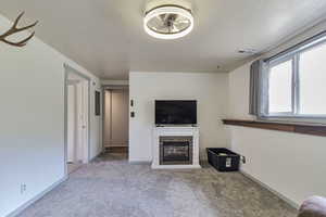 Unfurnished living room with carpet flooring, a fireplace, and a textured ceiling