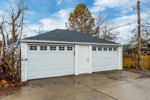 View of detached double garage.