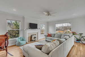 Unit A living room with ornamental molding, light wood-style flooring, and ceiling fan.
