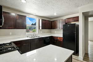 Kitchen with black appliances, dark brown cabinetry, a peninsula, light wood-style flooring, and light stone counters