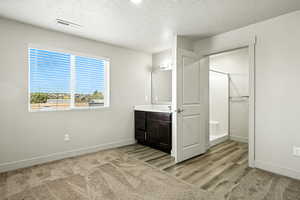Bathroom featuring a shower stall, vanity, a textured ceiling, and light wood finished floors