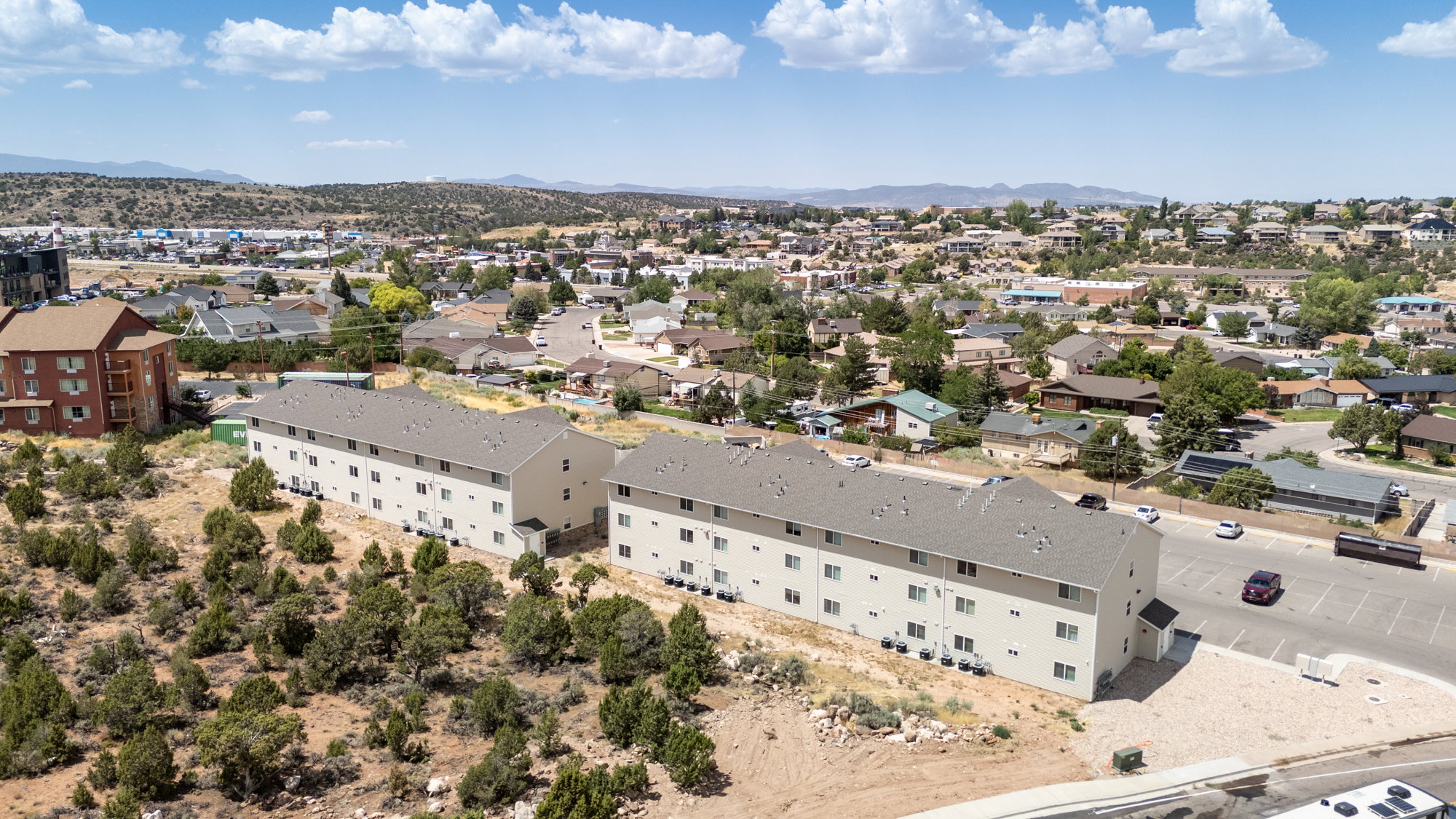 Drone / aerial view of a mountainous background