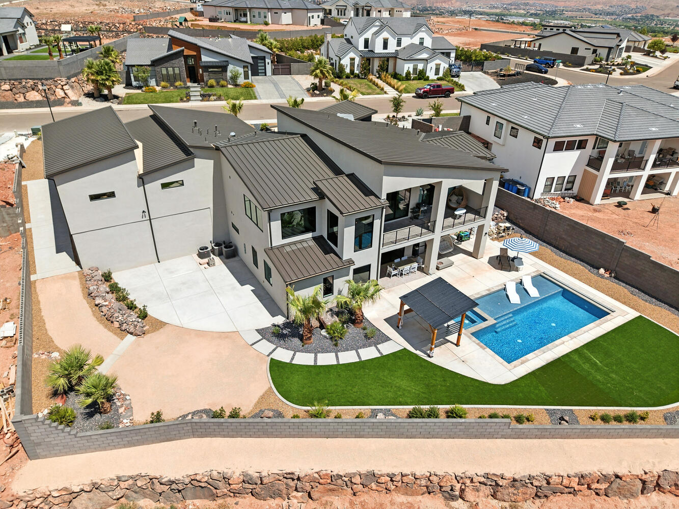 Aerial view of residential area with a pool area