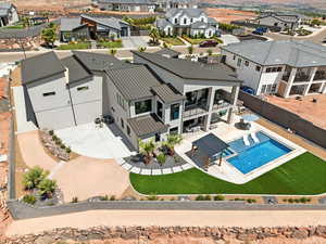 Aerial view of residential area with a pool area