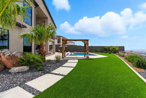 Fenced backyard featuring a patio and a pergola