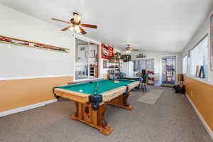 Playroom featuring lofted ceiling, carpet, billiards, and a ceiling fan