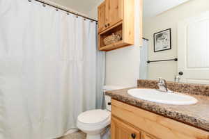 Full bathroom featuring vanity and curtained shower