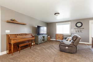 Living room with carpet floors and baseboards