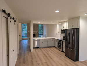 Kitchen with a barn door, stainless steel appliances, light wood-type flooring, a stone fireplace, and tasteful backsplash