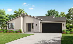 View of front of home featuring stone siding, stucco siding, driveway, and a garage