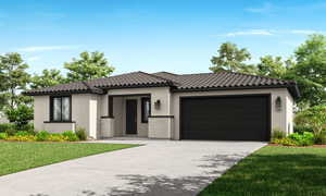 View of front of home featuring a front yard, stucco siding, an attached garage, concrete driveway, and a tile roof