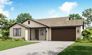 View of front of house featuring an attached garage, a front lawn, driveway, and board and batten siding