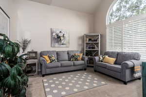 Living room with carpet and high vaulted ceiling