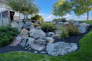 View of west side yard featuring stone steps