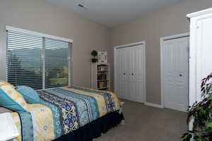 Bedroom featuring multiple closets and carpet flooring