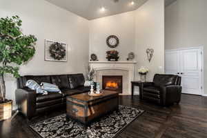 Living room with a fireplace, a towering ceiling, and dark wood-style floors