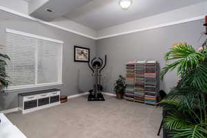 Exercise area featuring light colored carpet