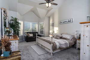 Primary bedroom with carpet, multiple windows, ceiling fan, and high vaulted ceiling