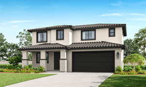 Mediterranean / spanish home with a front yard, concrete driveway, a garage, and stucco siding