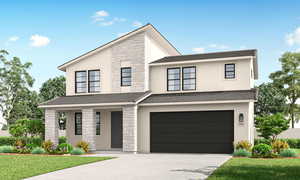 Contemporary house featuring stone siding, a garage, a front yard, driveway, and stucco siding