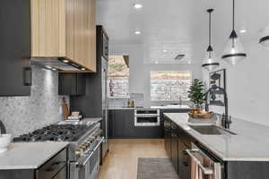 Kitchen with backsplash, premium appliances, pendant lighting, an island with sink, and light wood-type flooring