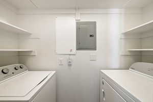 Laundry area featuring electric panel and washer and dryer