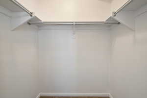 Spacious closet with dark carpet