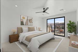 Bedroom featuring access to exterior, a mountain view, light carpet, recessed lighting, and ceiling fan