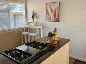 Kitchen featuring black gas stovetop, dark wood finished floors, and dark stone countertops